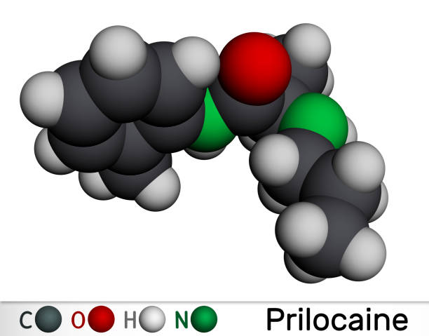 istock Prilocaine molecule. It is local anesthetic, used in dental procedures. Molecular model. 3D rendering 1417332022