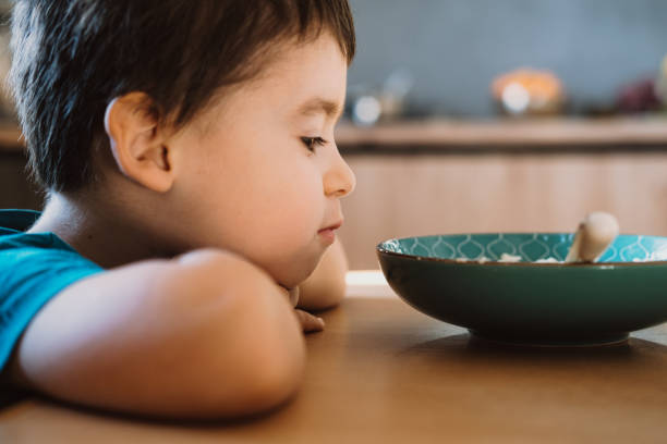 istock Caucasian little boy refusing to eat his breakfast, leaning his had from table. Negative emotions. Healthy meal. Healthy food. 1417333483