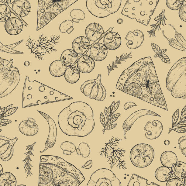 Seamless pattern pizza with cheese, tomato, garlic, basil, olive, pepper, mushroom. Seamless pattern pizza with cheese, tomato, garlic, basil, olive pepper mushroom pizzeria stock illustrations