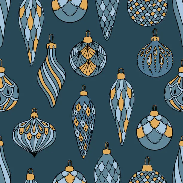 Vector illustration of Merry Christmas, Happy New Year seamless pattern with christmas balls greeting cards, wrapping papers.