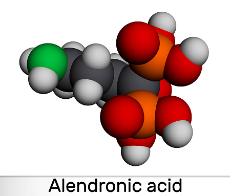 Alendronic acid molecule. It is bisphosphonate drug, used for treatment of osteoporosis. Molecular model. 3D rendering. Illustration