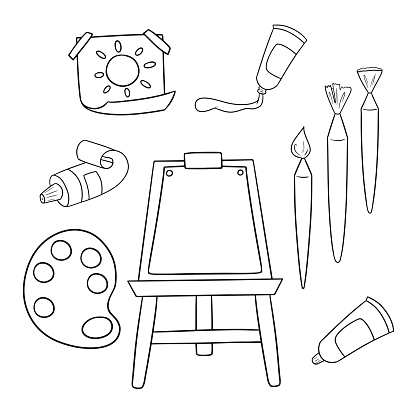 Monochrome set of icons, tools for visual creativity, tubes of paints, brush and easel, vector in cartoon style