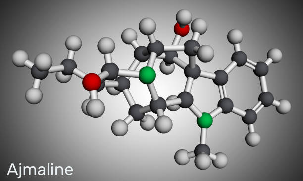istock Ajmaline molecule. It is alkaloid, antiarrhythmic used to manage a variety of forms of tachycardias. Molecular model. 3D rendering 1417340127