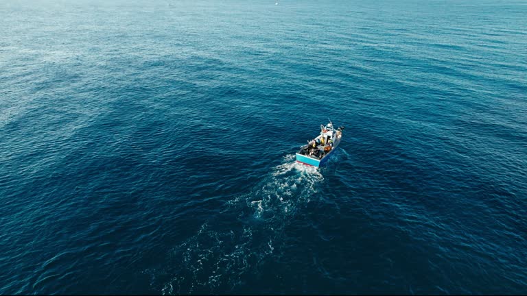 Fishermen in small boat trawling sardines and sea fish in ocean