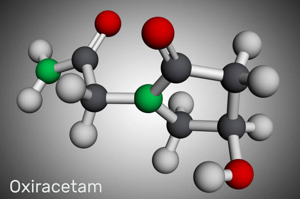 Oxiracetam molecule. It is is a nootropic drug of the racetam family, very mild stimulant. Molecular model. 3D rendering Oxiracetam molecule. It is is a nootropic drug of the racetam family, very mild stimulant. Molecular model. 3D rendering. Illustration nootropic stock illustrations