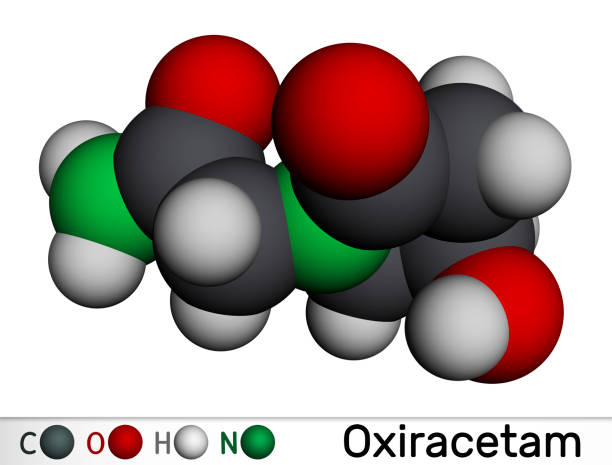 Oxiracetam molecule. It is is a nootropic drug of the racetam family, very mild stimulant. Molecular model. 3D rendering. Oxiracetam molecule. It is is a nootropic drug of the racetam family, very mild stimulant. Molecular model. 3D rendering. Illustration nootropic stock illustrations