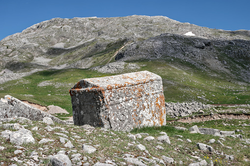 Remains of a military shelter on Mount Piano in the Dolomite Alps, built during the First World War, South Tirol