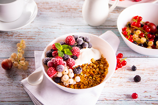 Granola, muesli cereals with yogurt or milk and fresh berries. Healthy breakfast concept