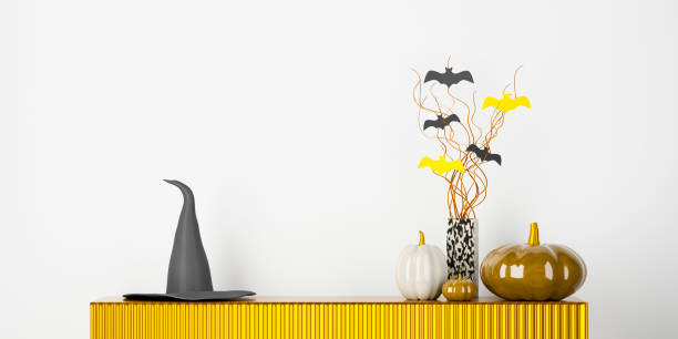 istock Halloween home decoration with copy space. Pumpkins, bats and witch hat. 3d rendering. 1417342443