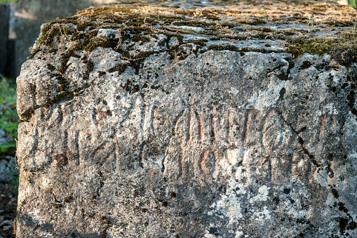 Biskup, Krupac, Glavatičevo, Konjic, Bosnia and Herzegovina – May 2022: medieval tombstones / Stećci on necropolis Grčka Glavica (Biskup). Inscripted as UNESCO world heritage site.