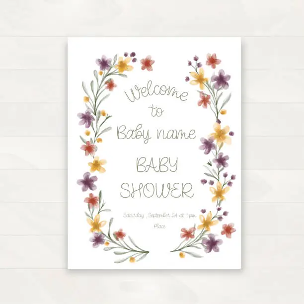 Vector illustration of Baby Shower invitation template with watercolor floral and typographic design elements.