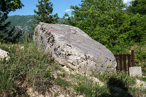 Biskup, Krupac, Glavatičevo, Konjic, Bosnia and Herzegovina – May 2022: medieval tombstones / Stećci on necropolis Grčka Glavica (Biskup). Inscripted as UNESCO world heritage site.