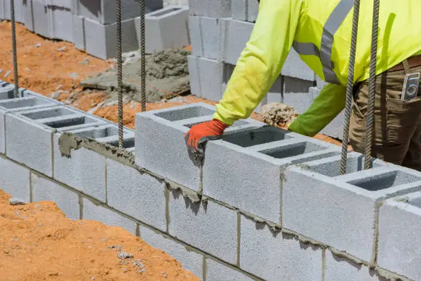 A mason is in the process of mounting a wall of aerated concrete blocks using masonry techniques on construction site