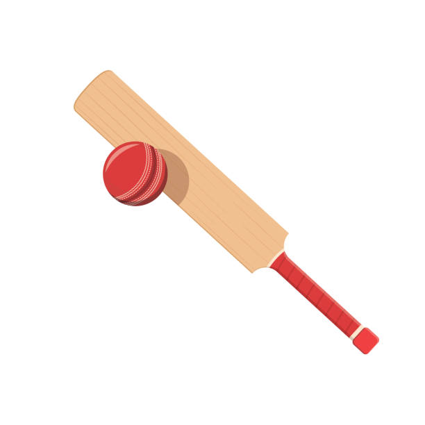 illustrations, cliparts, dessins animés et icônes de illustration vectorielle plate de frappe de batte de cricket frappant une balle rouge. élément d’icône d’équipement de sport isolé - sport of cricket cricket player cricket bat batting