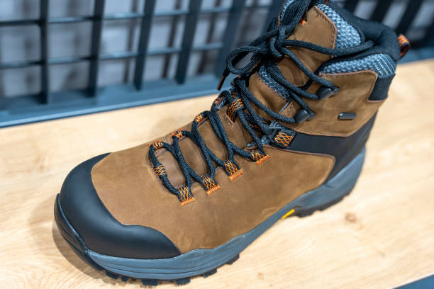 istock New Modern leather Mountain Boots with lacing close-up 1417346292
