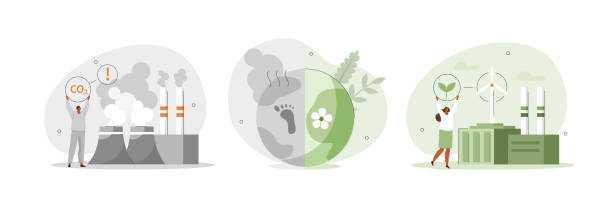 illustrazioni stock, clip art, cartoni animati e icone di tendenza di set di fabbrica sporco e pulito - footprint carbon environment global warming