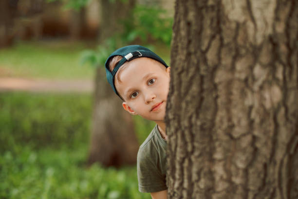 Cute little boy enjoying springtime or summer outdoors and climbing a tree in a park