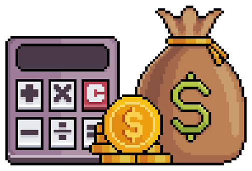 Pixel art calculator and money bag and coins vector icon for 8bit game on white background