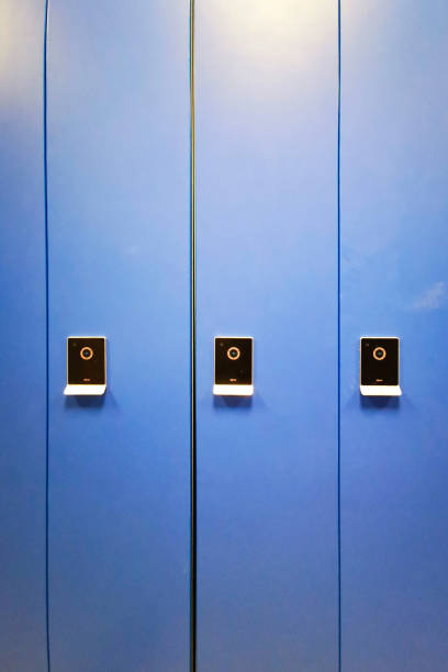 istock Locker room with blue lockers for cloth. 1417350882