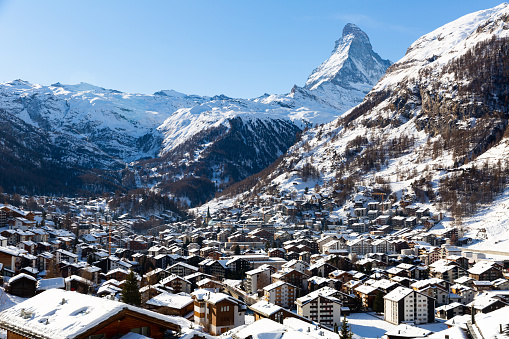 Snowing in Zermatt traditional Swiss ski resort under the Matterhorn