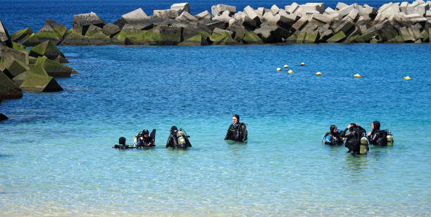 Playa Blanca, Lanzarote, Spain - March 21, 2022: Group of people having a scuba diving lesson.