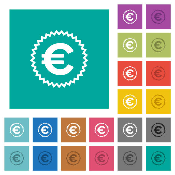 European Euro sticker alternate square flat multi colored icons European Euro sticker alternate multi colored flat icons on plain square backgrounds. Included white and darker icon variations for hover or active effects. multi medal stock illustrations