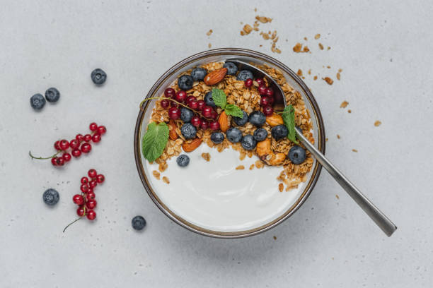 istock Healthy breakfast on white background, top view 1417359174