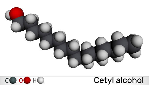istock Cetyl alcohol, palmityl alcohol molecule. Used in cosmetic industry, as emulsifying agent in pharmaceutical preparations. Molecular model. 3D rendering 1417360105