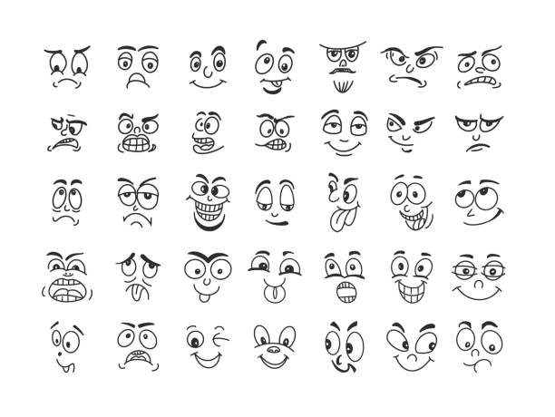 Emoji Doodles Set, Face Emotions Emoji doodles set, face emotions, smileys. Vector illustration. relieved face stock illustrations