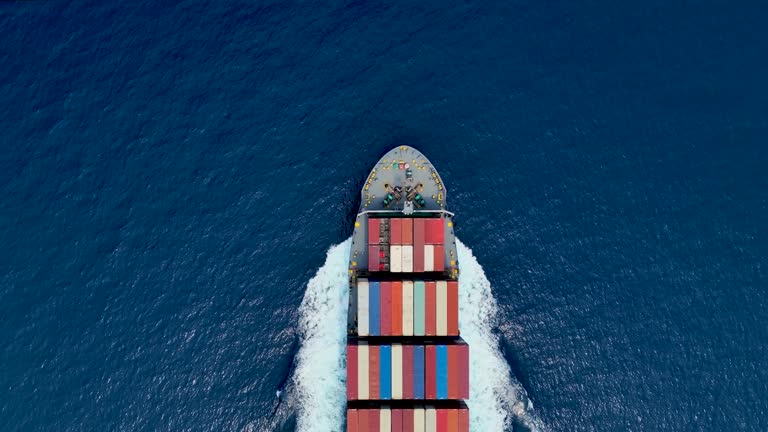 Aerial top down view of a bow from a large container cargo ship