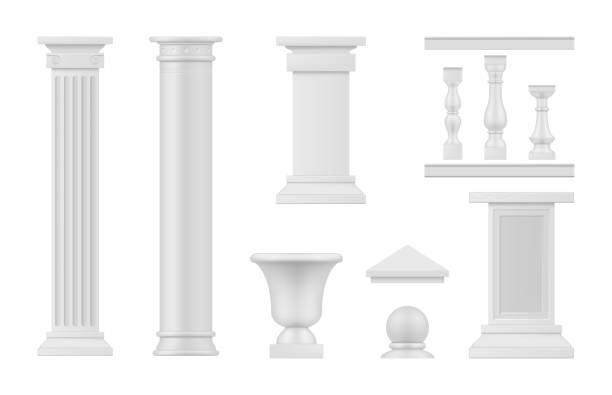illustrazioni stock, clip art, cartoni animati e icone di tendenza di elementi architettonici antichi colonne bianche set realistico vettoriale classico pilastri in marmo - colonna naturale