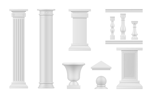 Antique architectural elements white columns set realistic vector illustration. Classical marble pillars Greek civilization building decor ancient architecture facade. Museum molding palace texture