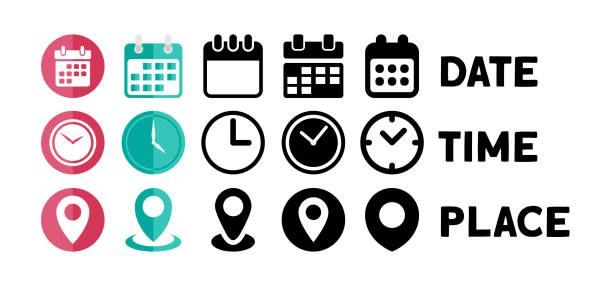 ilustrações de stock, clip art, desenhos animados e ícones de date, time, address or place icons symbol - data