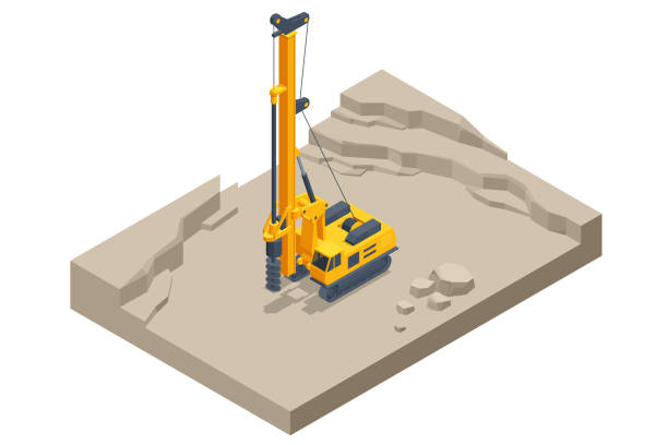 isometrische raupenbohrmaschine. bohrtraktor, der in der mine arbeitet. bergbau steinbruch, mine. ausrüstung für die hochbergbauindustrie. - bohrmaschine stock-grafiken, -clipart, -cartoons und -symbole