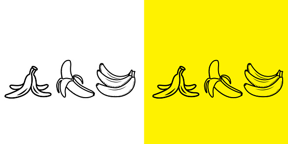 Line Art  of Bananas. Single Banana , Half Peeled Banana, group of Banana