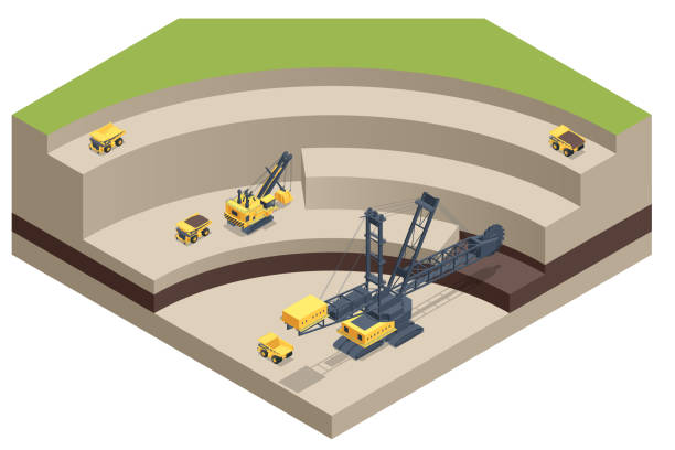 изометрический карьер, шахта с большим карьерным самосвалом и ковшовым экскаватором. угольная шахта. оборудование для горнодобывающей про - coal bucket stock illustrations