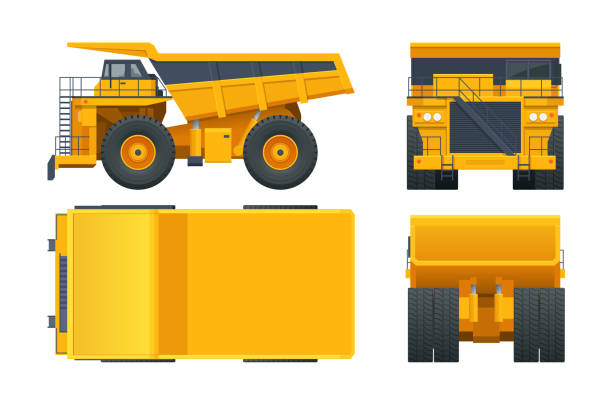 Large quarry dump truck template on white background. Equipment for the high-mining industry. View front, rear, side and top. vector art illustration
