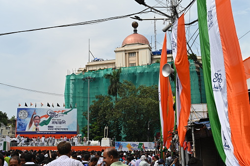 Kolkata,West Bengal,India - 21st July 2022 : All India Trinamool Congress Party, AITC or TMC, at Ekushe July, Shadid Dibas, Martyrs day rally. Party flags waving in gathering at Esplanade, Dharmatala.