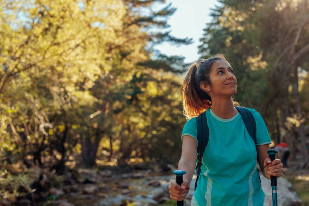 istock Young woman hiking in forest. 1417382828