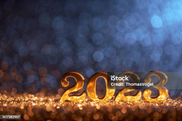 New Year Decoration 2023 Gold Blue Party Celebration Christmas Stock Photo - Download Image Now
