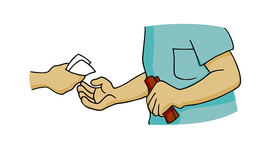 Hand giving the travel tickets to a worker man to validate the ticket. Cartoon style vector illustration.