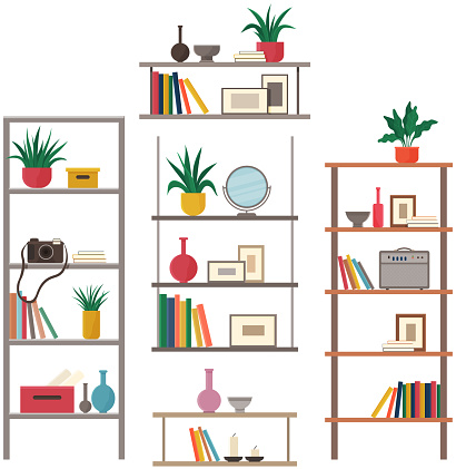 Wooden cabinets or racks with shelves isolated on white background. Books, potted grass, vase, mirror, camera and radio on shelves. Furniture, interior element, open cabinet. Furniture with decoration