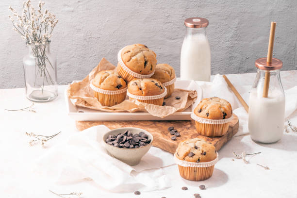 istock Chocolate chip muffins with milk 1417385896
