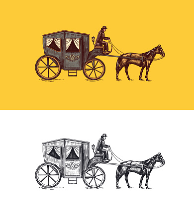 Horse carriage. Coachman on an old victorian Chariot. Animal-powered public transport. Hand drawn engraved sketch. Vintage retro illustration. Vector illustration