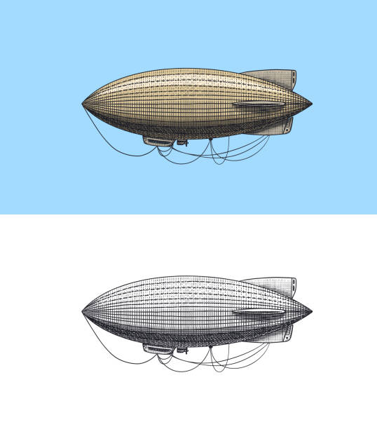 Airship or zeppelin and dirigible or blimp. Engraved hand drawn in old sketch style, vintage transport. Airship or zeppelin and dirigible or blimp. Engraved hand drawn in old sketch style, vintage transport. Vector illustration blimp stock illustrations