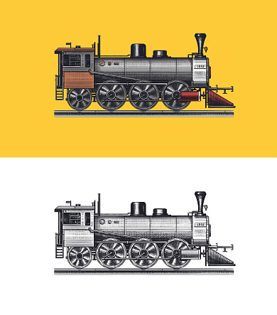 Old locomotive or train on railway. Retro transport. Engraved vintage, hand drawn sketch for t shirt. Vector illustration
