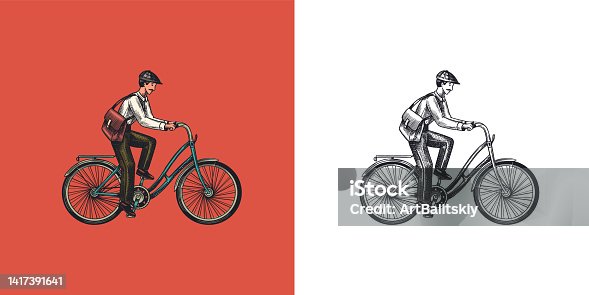 istock A man on a bicycle. Eco friendly transport. The postman rides a bike. Vintage custom emblem, label badges for t shirt. Monochrome retro style. Hand drawn engraved sketch 1417391641