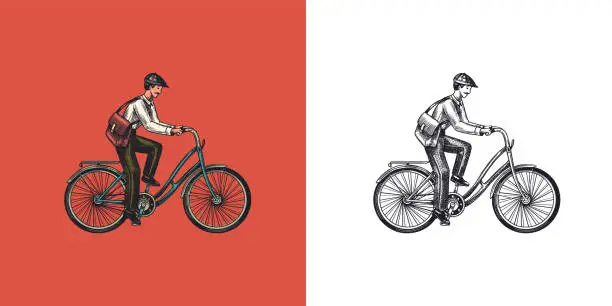 Vector illustration of A man on a bicycle. Eco friendly transport. The postman rides a bike. Vintage custom emblem, label badges for t shirt. Monochrome retro style. Hand drawn engraved sketch