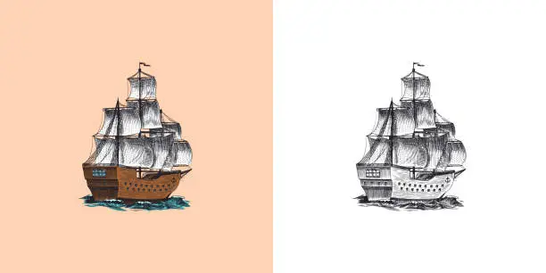 Vector illustration of Sailboat in the sea, summer adventure, active vacation. Seagoing vessel, marine ship or nautical caravel. Water transport in the ocean for sailor and captain. Engraved hand drawn in vintage style.