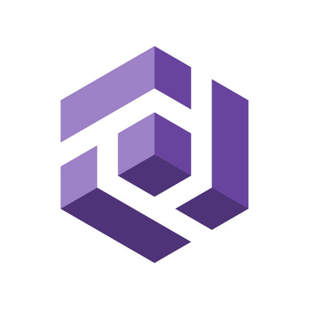 Letter D 3D logo. Letters D, T, P in a 3D cube. Number 6 in an isometric box. Lilac violet colors. Hexagon shape. Stylized stripes make modern monogram. Linear initials. Vector illustration, clip art. Hexagon stock illustrations